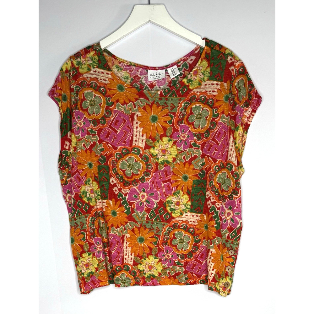 Nicole Miller 100% Linen‎ Womens Top Size XL Bright Floral Cap Sleeve Resortwear